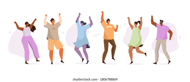 Happy Young People Characters Jumping and Dancing Together. Diverse Men and Women raising Hands, Moving and Having Fun on Party. Celebration Concept. Flat Cartoon Vector Illustration.