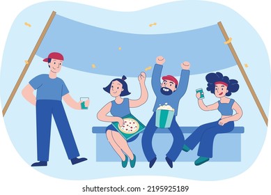 Happy Young People Characters Jumping And Dancing And Cheer UpTogether. Moving And Having Fun On Party. For Football Or Sport Party Celebration Concept. Flat Cartoon Vector Illustration.