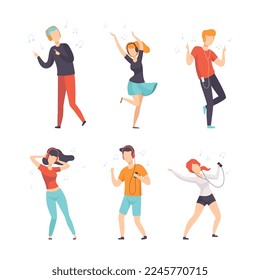 Happy Young People Characters Wearing Headphones and Earphones Listening to Music Vector Set