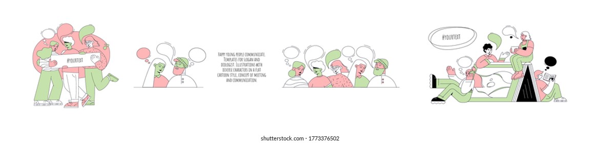 Happy young people communicate with a sign in their hands with the inscription, have fun. Template for the tagline. Diverse characters in a flat cartoon style communicate, meeting concept.