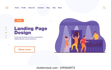 Happy young people dancing in club isolated flat vector illustration. Cartoon characters enjoying dance at disco night party. DJ scene performance and entertainment concept