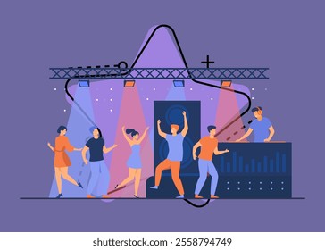 Happy young people dancing in club isolated flat vector illustration. Cartoon characters enjoying dance at disco night party. DJ scene performance and entertainment concept