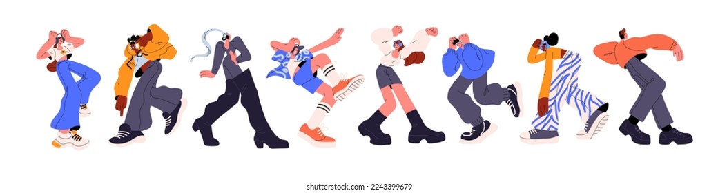 Happy young people dancing, listening to music in headphones. Modern men, women characters in earphones in action, motion, fun poses, movement. Flat vector illustrations isolated on white background