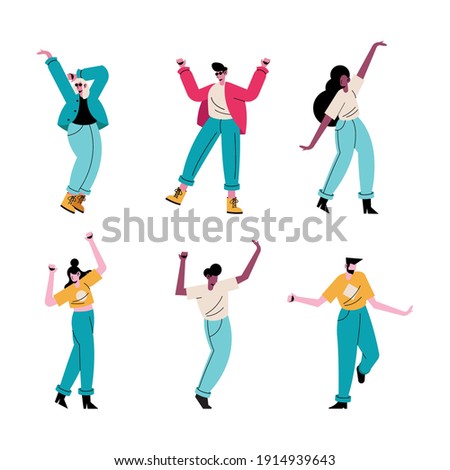 happy young people dancing six avatars characters vector illustration design