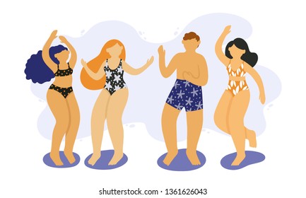 Happy young people dancing in a swimsuit. Beautiful lady and men on the beach. Element for a summer party in the flat style.