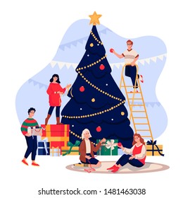 Happy young people decorating Christmas Tree. Family celebrating New Year Eve. Vector flat cartoon illustration. Men and women have a fun winter holiday time.