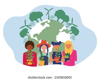 Happy Young people different holding  plants cooperation Nature on earth day conservation  Eco friendly ecology ESG or ecology problem concept.  vector illustration