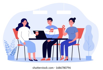 Happy young people drinking coffee together at lunch flat vector illustration. Meeting of company employees at office for work. Teamwork and communication concept.