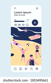 Happy young people enjoying leisure on beach. Crowd, tourist, sea, seaside flat vector illustration. Summer activities, vacation concept for banner, website design or landing web page
