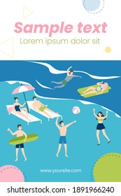 Happy young people enjoying leisure on beach. Crowd, tourist, sea, seaside flat vector illustration. Summer activities, vacation concept for banner, website design or landing web page