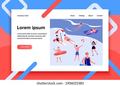 Happy young people enjoying leisure on beach. Crowd, tourist, sea, seaside flat vector illustration. Summer activities, vacation concept for banner, website design or landing web page