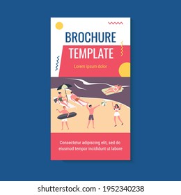 Happy young people enjoying leisure on beach. Crowd, tourist, sea, seaside flat vector illustration. Summer activities, vacation concept for banner, website design or landing web page