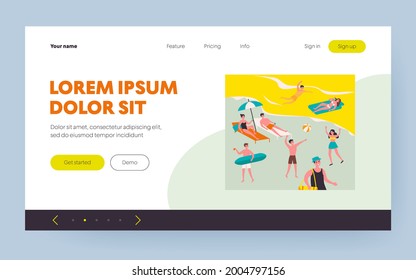 Happy young people enjoying leisure on beach. Crowd, tourist, sea, seaside flat vector illustration. Summer activities, vacation concept for banner, website design or landing web page