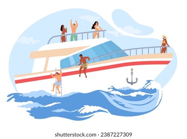 Happy young people enjoying rest on yacht vessel vector illustration. Group of friends tourist characters having fun and chilling together during marine cruise. Sea activities, relaxation on vacation