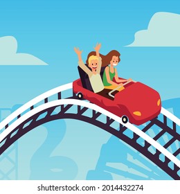 Happy Young People Enjoying Of Rollercoaster In Amusement Park At Weekend. Fun Guy And Girl Ride On Fast High Roller Coaster. Flat Cartoon Vector Illustration