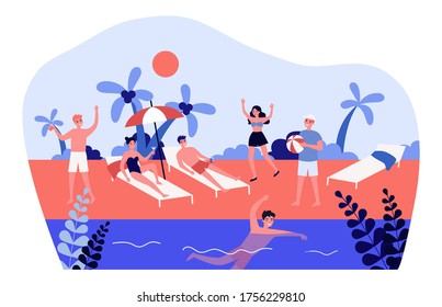 Happy young people enjoying vacation on beach. Friends, sunbathing, tropical seaside flat vector illustration. Vacation, summer activities concept for banner, website design or landing web page