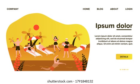 Happy young people enjoying vacation on beach. Friends, sunbathing, tropical seaside flat vector illustration. Vacation, summer activities concept for banner, website design or landing web page