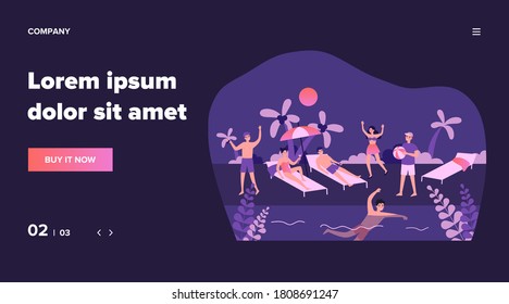 Happy young people enjoying vacation on beach. Friends, sunbathing, tropical seaside flat vector illustration. Vacation, summer activities concept for banner, website design or landing web page