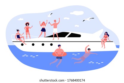 Happy young people enjoying yacht cruise. Men and women sailing, enjoying party on luxury boat, swimming in sea. Vector illustration for vacation, travel, summer concept