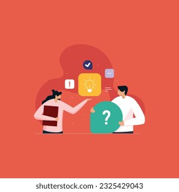 Los jóvenes felices encontrarán una solución efectiva, preguntas frecuentes y comunicación con los clientes, concepto de servicios de asistencia