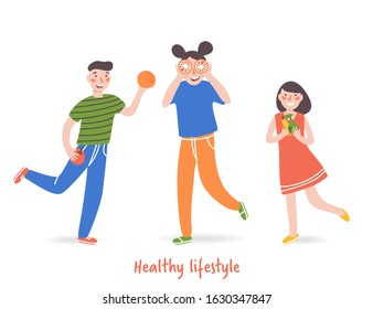 Happy young people with fruits.Little girl playing closes her eyes with halves orange fruits.Boy smiles with apple and mandarin. Girl carries pears. Healthy concept.Vector illustration in cartoon flat