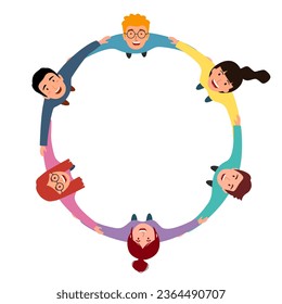 Happy young people group hug each other holding arms in circle together. Building teamwork top view concept vector illustration. Friendship.