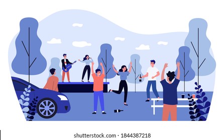 Happy young people having fun at open air concert. Drink, car, singer flat vector illustration. Entertainment and music concept for banner, website design or landing web page