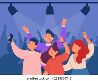 Happy young people having fun at night party. Cheerful friends taking selfie on mobile phone during noisy event in night club flat vector illustration. Entertainment, leisure activity, fan concept