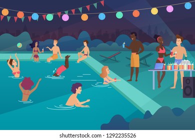 Happy young people having a pool party at night cartoon vector illustration.