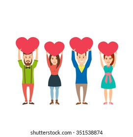 happy young people holding  hearts isolated on white background. happy valentines day