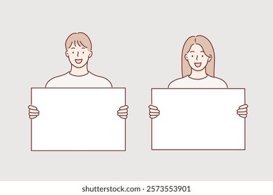 Happy young people holding, howing, displaying white blank board, banner, poster. Hand drawn style vector design illustrations.