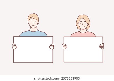 Happy young people holding, howing, displaying white blank board, banner, poster. Hand drawn style vector design illustrations.