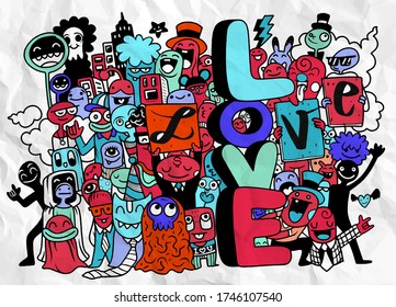 happy young people holding letters love. cute Monster isolated on background