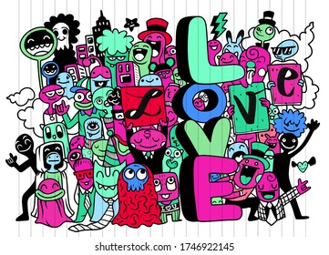 happy young people holding letters love. cute Monster isolated on background