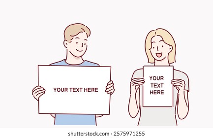 Happy young people holding,showing,displaying white blank board,banner,poster. Hand drawn style vector design illustrations.	