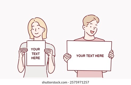 Happy young people holding,showing,displaying white blank board,banner,poster. Hand drawn style vector design illustrations.	