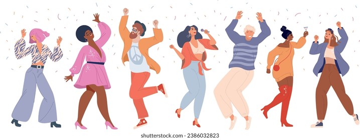 Jóvenes felices en fiestas de vacaciones. Amigos bailando, divirtiéndose juntos. Grupo de personajes de hombres y mujeres jóvenes, evento de celebración juvenil. Ilustración vectorial plana