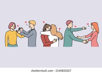 Happy young people hugging meeting together greeting each other. Smiling diverse friends have fun embracing with open arms. Friendship and relationship. Vector illustration. 