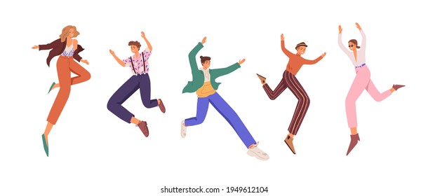 Happy young people jumping up for fun and joy. Set of active cheerful smiling men and women with feeling of freedom. Colored flat vector illustration of joyful characters isolated on white background