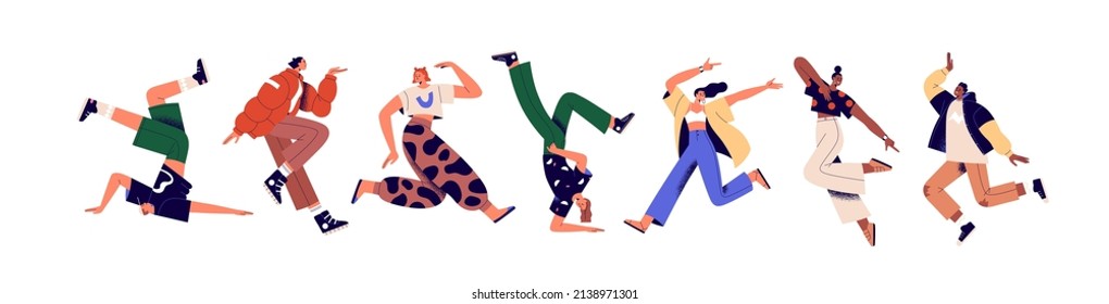 Happy young people jumping for fun and joy. Modern excited men and women in motion, different free poses. Active carefree characters set. Flat vector illustrations isolated on white background
