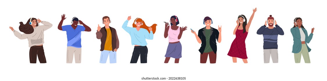 Happy young people listening to music on headphones. Cheerful cartoon characters set. Concept of friendship, happiness, joy and love for music. Flat vector illustration