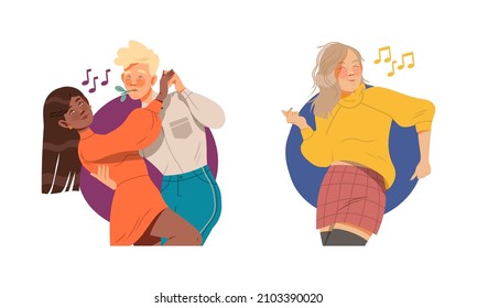 Happy young people listening to music and dancing. Teenagers relaxing and having fun set vector illustration