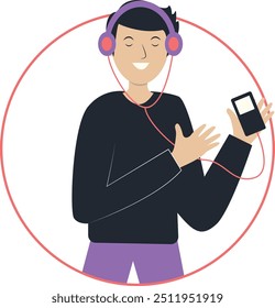 Happy Young People Listening to Music in Flat Cartoon Design Style. Vector Character Illustration