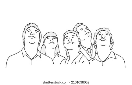 Happy young people looking up. Advertising and events. Hand drawn vector illustration. Black and white.
