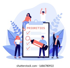 Happy young people making important notes and choice flat vector illustration. Cartoon characters doing agenda, noticing and prioritizing tasks. Planning and scheduling concept.