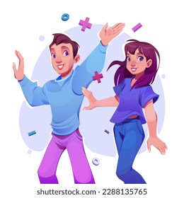 Happy young people, man and woman characters have fun. Concept of party, success or win with adult friends or couple dance and joy, vector cartoon illustration