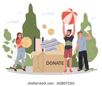 Happy young people packing donation box. Donating clothes, money, book flat vector illustration. Fundraiser, charity, voluntary concept for banner, website design or landing web page