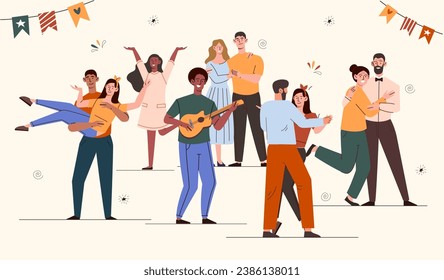 Feliz concepto de fiesta juvenil. Chicos y chicas con instrumentos musicales tocando, bailando y cantando. Evento y festival. Dibujo vectorial plano de dibujos animados aislado en fondo beige