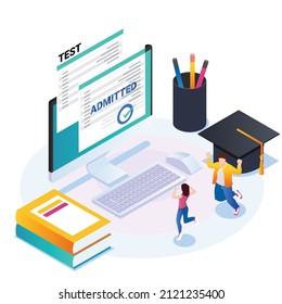 Happy Young People Passed College Admission Test 3D Isometric Vector Concept For Banner, Website, Illustration, Landing Page, Flyer, Etc