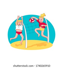 happy young people playing beach volleyball. concept of summer time activity, summer camp. cartoon style stock vector illustration isolated on white background